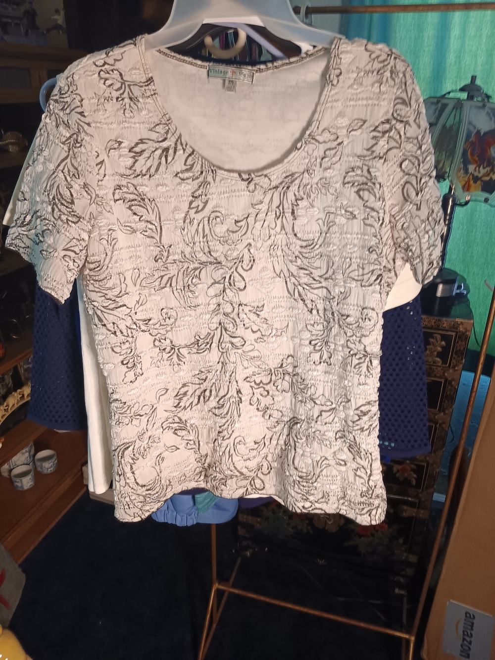 Vintage Suzie White Scoop Neck Top with Black Scroll Print